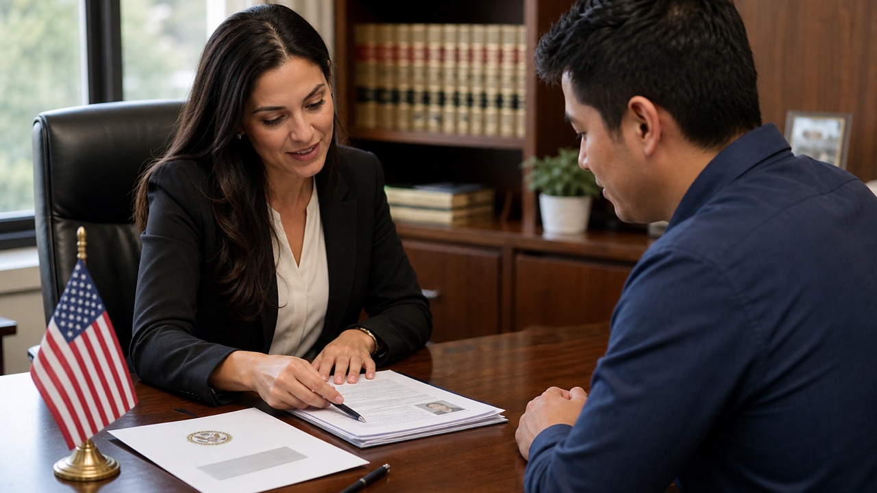 An immigration attorney reviews a green card application with a client who was granted asylum, the Form I-485 and asylum approval documents on the desk between them