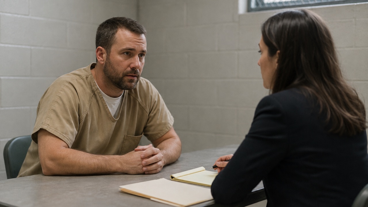 Detained man in a facility uniform speaking with his attorney across a table in an immigration detention visitation room
