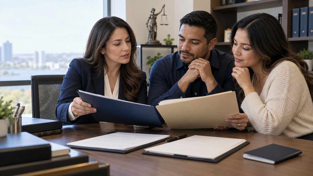 Married couple reviewing separate asylum and marriage-based immigration files with an attorney