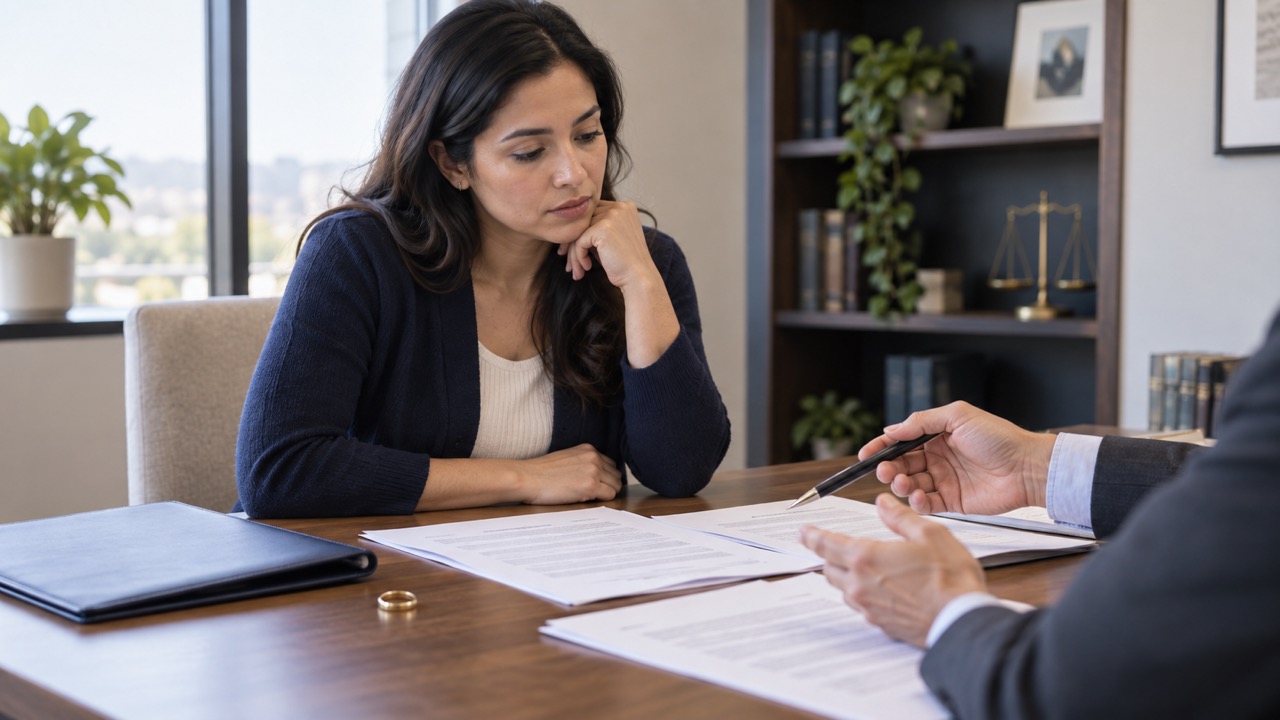Woman reviewing her independent asylum options with an immigration attorney during divorce