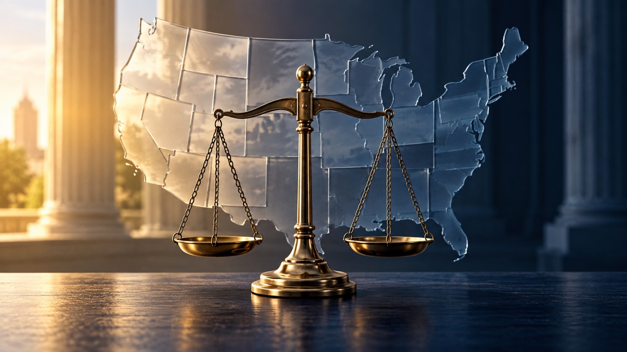 Scales of justice before a glass outline of the United States, illustrating different federal circuit rulings on immigration bond hearings