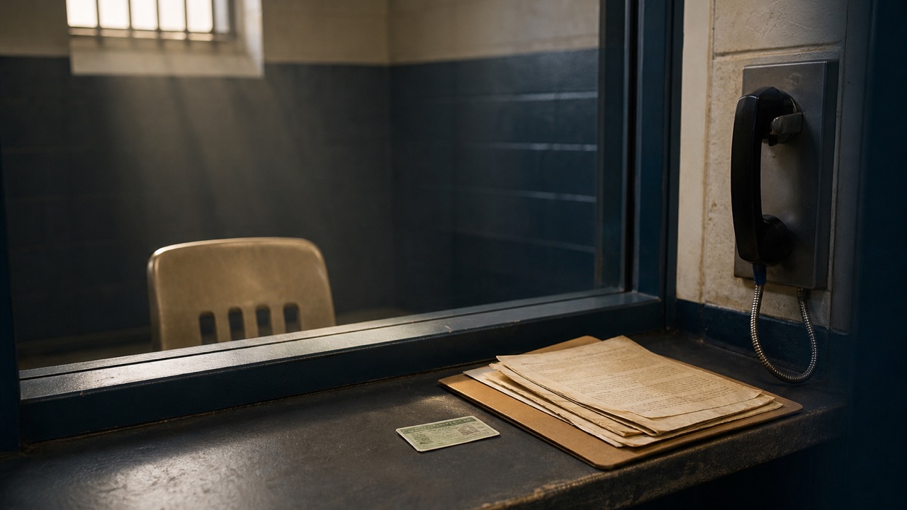 Immigration detention visitation room with a permanent resident card and old court documents on the ledge
