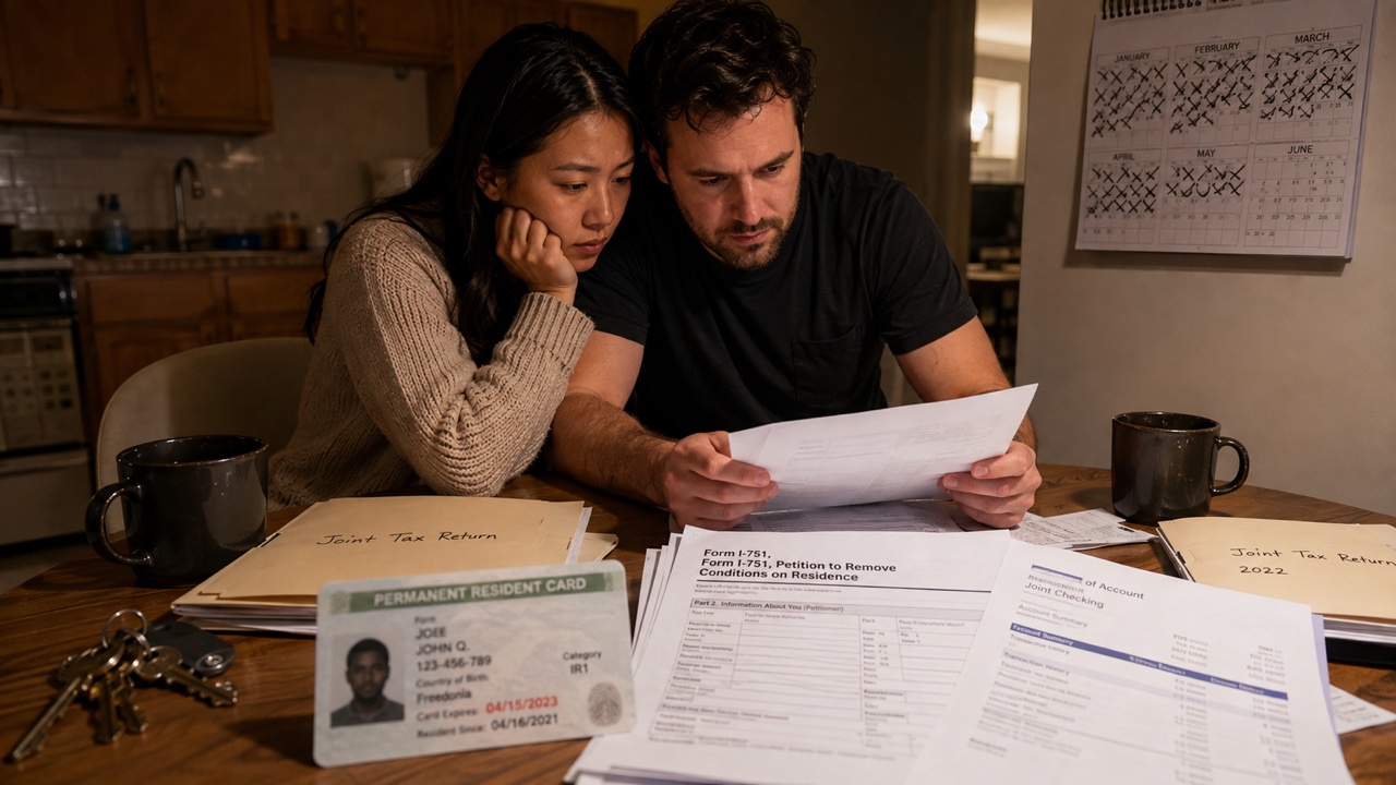 An immigrant reviewing green-card paperwork and an extension notice at a desk