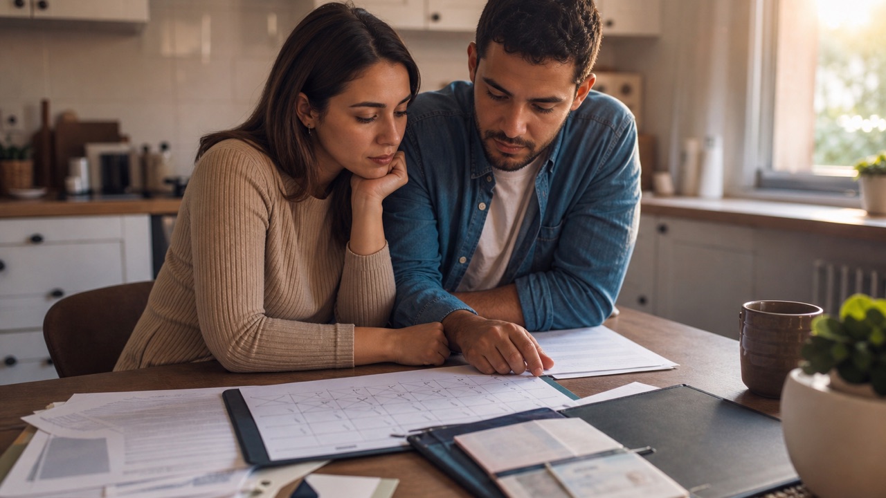 Couple reviewing K-1 visa paperwork and a calendar after the 90-day marriage deadline passed