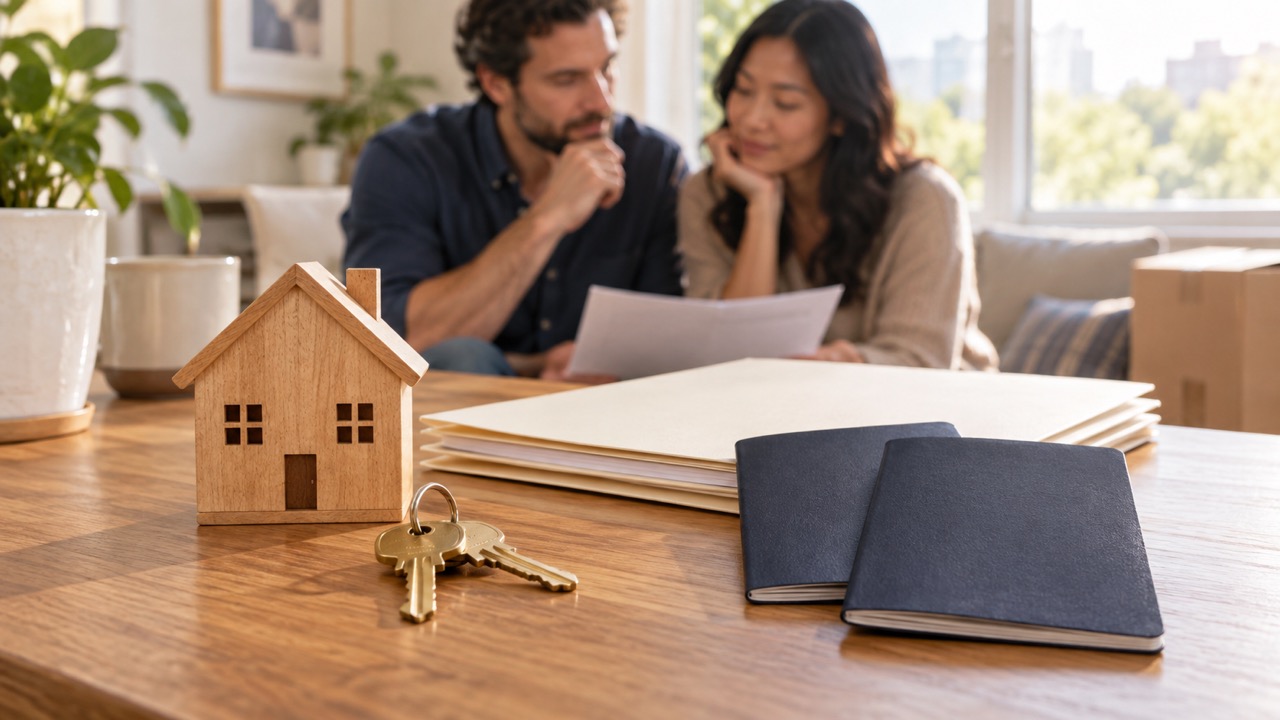 House keys and a model home beside immigration paperwork as a couple plans a move to the United States