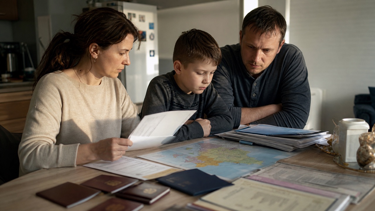 Russian family reviewing immigrant-visa documents after NVC assigns a Warsaw interview they cannot physically attend